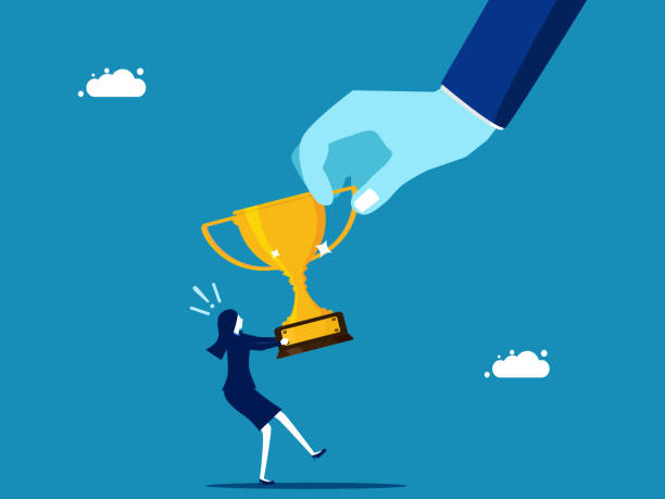 istock Business competition. Big hands pulling war trophies with small businesswoman 1894629670