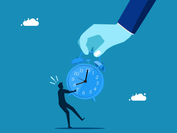 istock Lack of freedom of time, being robbed of time by the boss. Big hand pulling a war clock with a small businessman 1894630700