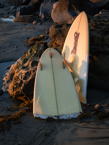 Broken surfboard on Swami's Beach, Encinitas, December 28, 2023 when large swell hit the California coast. San Diego area.