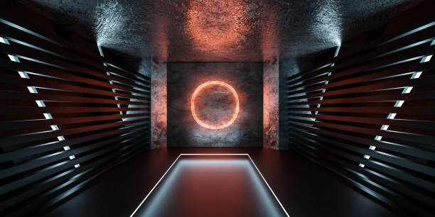 istock empty futuristic dark black metal basement with orange circle neon light 3d render illustration 1894666377