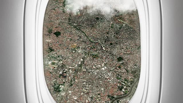 Satellite Sao Paulo map background loop. Airplane salon passenger seat window view. Spinning around Brazil city plane cabin air footage. Seamless panorama flies over terrain backdrop.