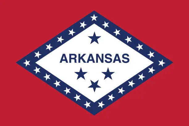 Vector illustration of Arkansas flag. The official ratio. Flag icon. Standard color. Standard size. A rectangular flag. Computer illustration. Digital illustration. Vector illustration.