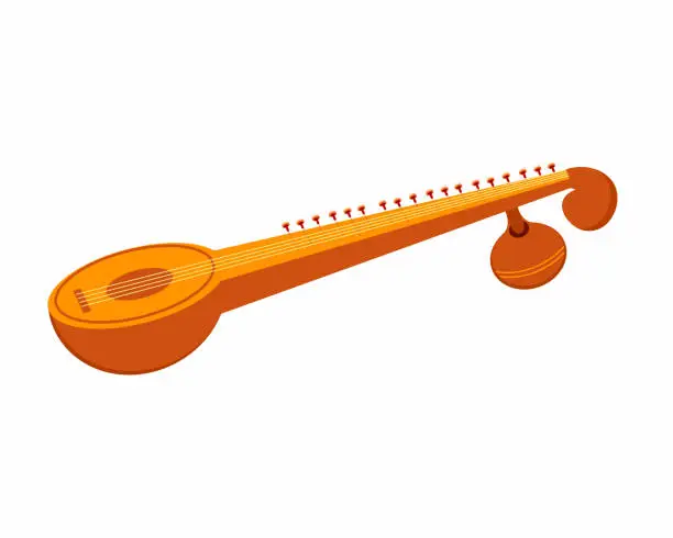 Vector illustration of Indian music instrument veena or sitar Happy Vasant Panchami