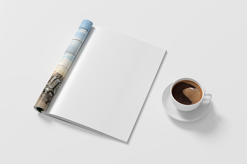 Magazine right-hand page mockup and cup of coffee on white desk. 3d illustration