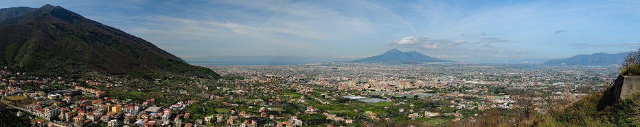 Panorama View From Valico Di Chiunzi To Naples And Mount Vesuvius In Italy On A Wonderful Spring Day With A Few Clouds In The Sky