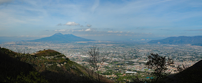 View From Valico Di Chiunzi To Naples And Mount Vesuvius In Italy On A Wonderful Spring Day With A Few Clouds In The Sky