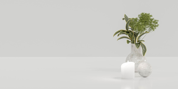 white empty blank background with vase, plants and candle 3d render illustration modern minimalistic design art wallpaper background backdrop with copy space to add content