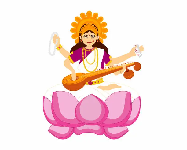 Vector illustration of Sarasvati Maa for happy Basant Panchami Puja of India vector illustration design