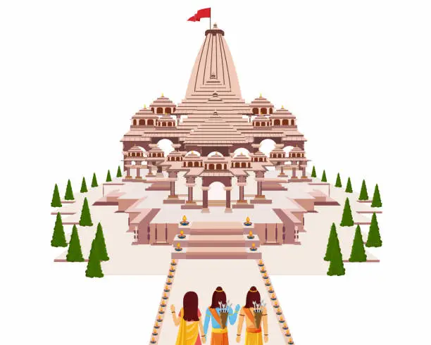 Vector illustration of Lord Rama with His Wife Sita and Brother Laxman return in Ayodhya temple ram Janmabhoomi.