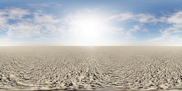 360 degree full panorama environment map of empty dessert dust landscape with blue sky clouds and horizon. 3d render illustration hdri hdr vr virtual reality content empty blank environment template mock-up with copy space dessert concept