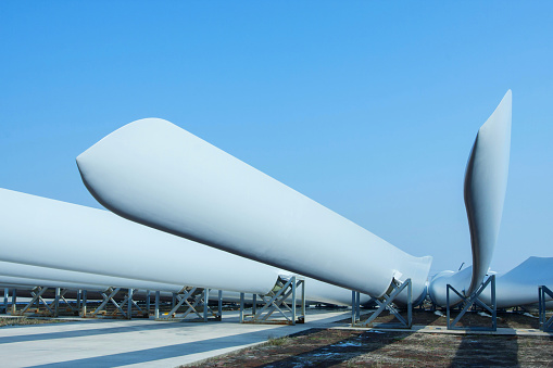 Wind turbine blades production in the yard.