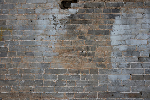 Brick wall dirty grunge texture. Background of red solid distressed brickwall on dark vintage bulding facade, red abstract backdrop