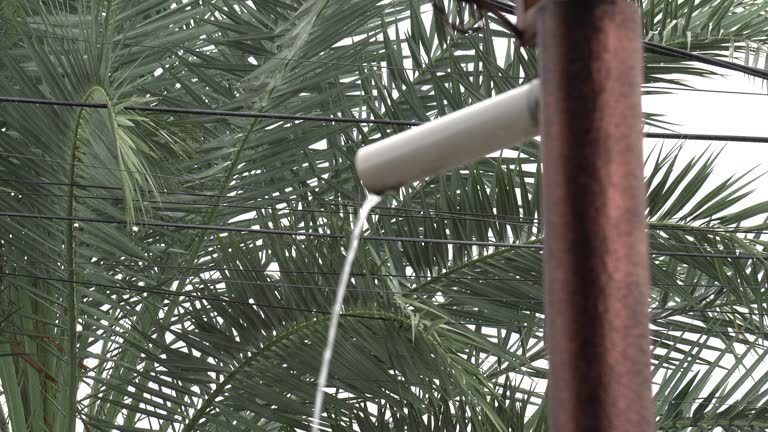 4k video of rainwater falling from roof tiles and flowing from pipes