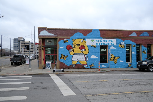 Kansas City Missouri - December 23, 2023: Cartoon Bear Graffiti Mural