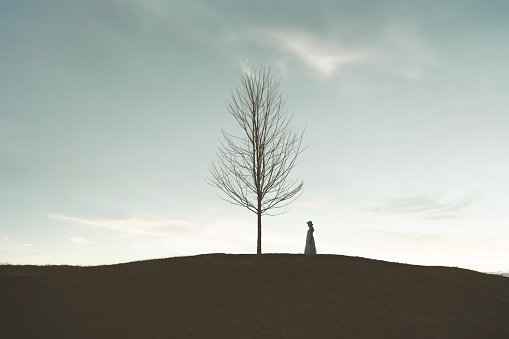 surreal meeting between a woman and a bare tree on top of a hill, winter concept