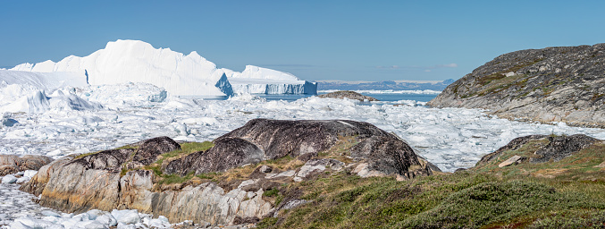 Panoramic view of the Ilulissat icefjord in Ilulissat, Greenland on 17 July 2022