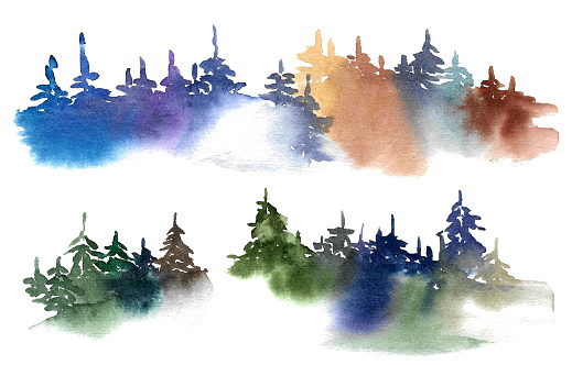 Set of backgrounds. A fairytale forest with mystical combinations of blue, violet, blue and brown-orange shades. Hand drawn watercolor painting on white background