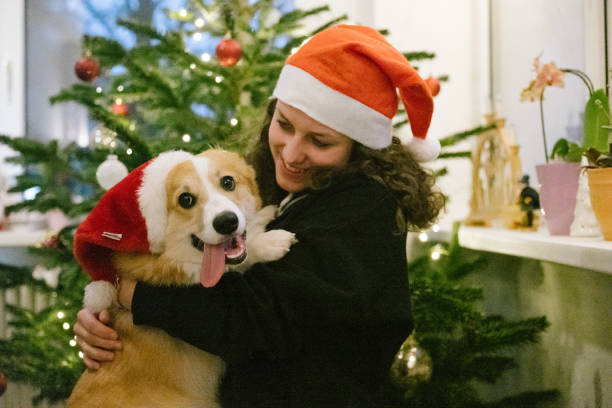istock Woman with dog in front of Decorated Christmas Tree 1894802431