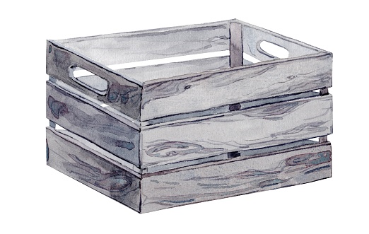Wooden crate in Provence style. Watercolor clipart on a white background. Hand-drawn illustration, retro design. Wooden box.