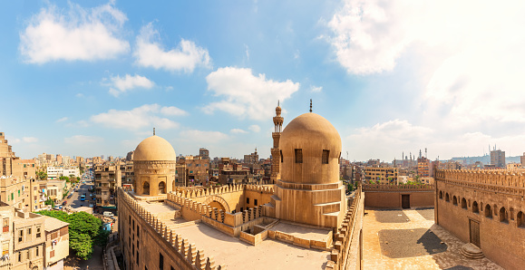 Full view of ancient Mosque of Ibn Tulun, famous landmark of Cairo city, Egypt.