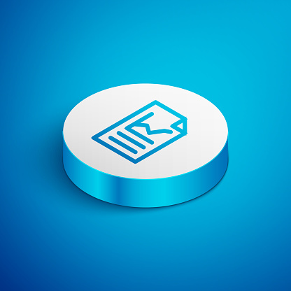 Isometric line Document with graph chart icon isolated on blue background. Report text file icon. Accounting sign. Audit, analysis, planning. White circle button. Vector.