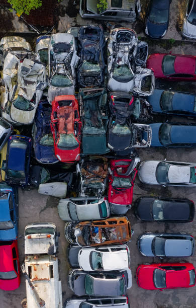 istock Car compound for scrap metal recycling viewed from above 1894842464