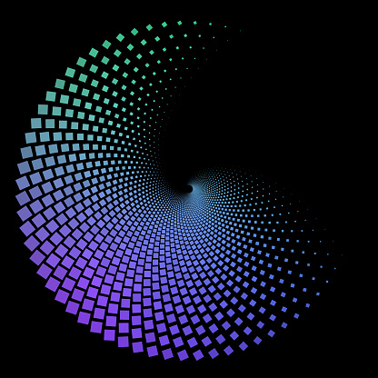 Digital illustration of a spiraling tunnel made of blue and purple pixel squares on a dark background.
