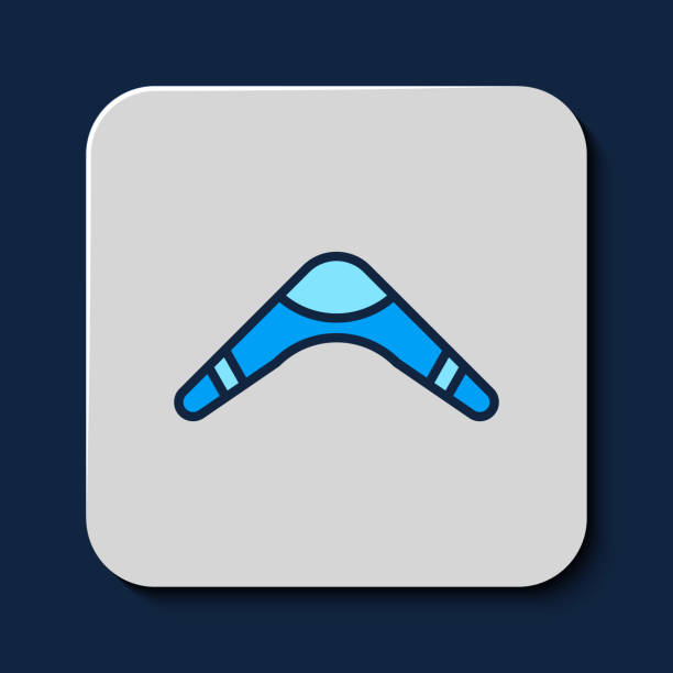 ilustraciones, imágenes clip art, dibujos animados e iconos de stock de icono de boomerang de contorno relleno aislado sobre fondo azul. vector - aborigine australian culture boomerang isolated