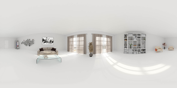 A living room with a couch a table and windows 360 degree full panorama environment map 3d render illustration hdri hdr vr virtual reality content