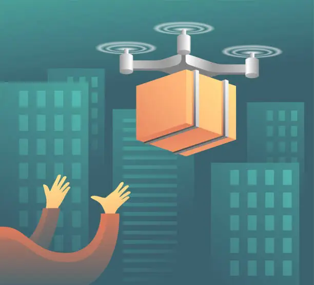 Vector illustration of Drone flying over the city and carrying a package