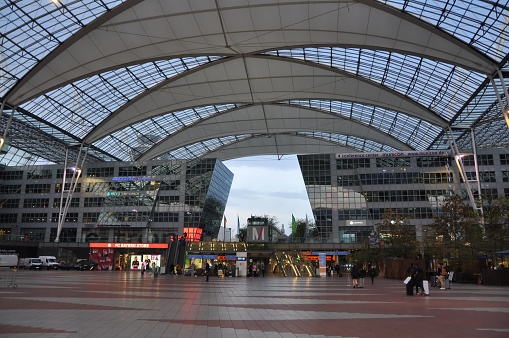 Germany, Munich, Bavaria, July 29, 2023. Oberwiesenfeld empty metro station platform. Platform. Interior design. U1, U7