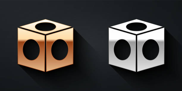 istock Gold and silver Billiard chalk icon isolated on black background. Chalk block for billiard cue. Long shadow style. Vector 1894912460