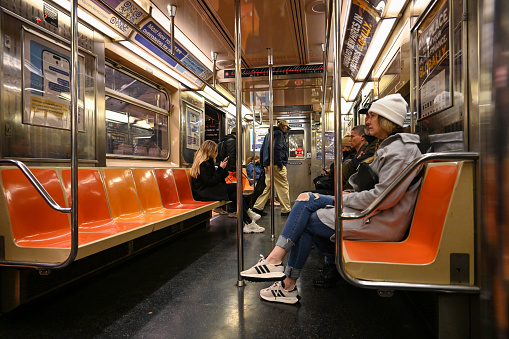 New York City, New York, USA, April 7, 2023 - New York subway train of line 3 or Seventh Avenue Express, New York City, USA.