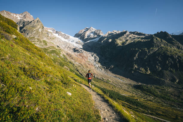 istock Trail runner bounds along mountain trail 1894924094