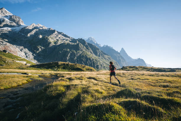 Trail runner bounds along mountain trail
