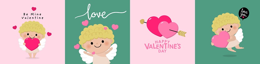 Happy Valentine's Day greeting card with cute cupid character. Love holidays cartoon collection. -Vector