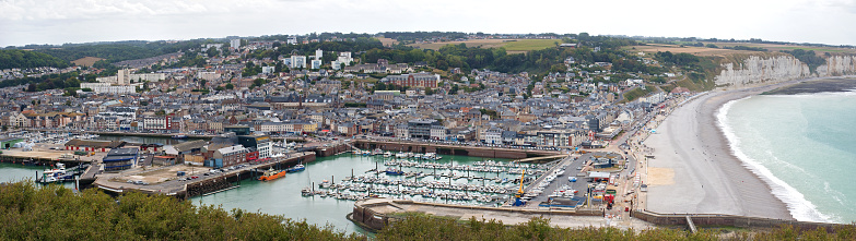 Fécamp, Seine-Maritime, Normandy, view over the city and the harbor, panorama