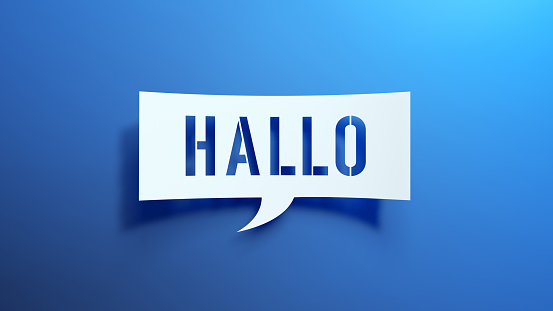 Hallo - Speech Bubble. Minimalist Abstract Design With White Cut Out Paper on a Blue Background. 3D Render.