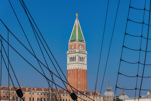 A view looking up at the St Mark's Campanile Venice