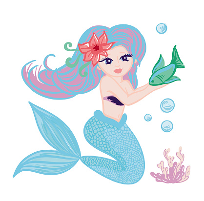 Childish illustration of a cute mermaid princess with colorful hair