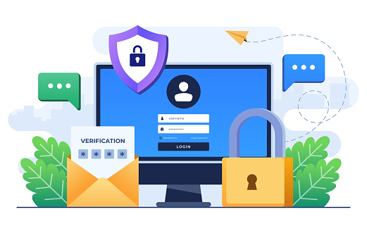 Flat-style vector illustration of Two-step verification, OTP, Authentication password, One-time password for secure website account login, Login page on computer screen concept for website banner, online advertisement, marketing material, business presentation, poster, landing page, and infographic