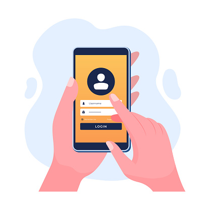 Flat-style vector illustration of Hand holding smartphone with user login form page, Account login, Sign in authorization, Online registration form, User authorization, login authentication page concept for website banner, online advertisement, marketing material, business presentation, poster, landing page, and infographic