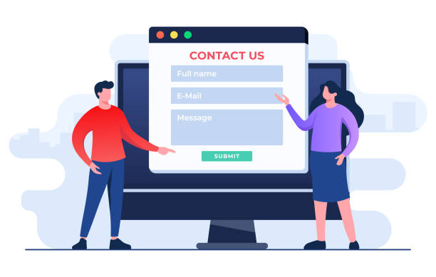 Contact Us form on desktop screen flat illustration for web banner, mobile app, landing page, business presentation, website banner, Customer support, customer service, online support, help desk Flat-style vector illustration of Contact Us form on computer screen, website banner, Customer support, customer service, online support, help desk concept for website banner, online advertisement, marketing material, business presentation, poster, landing page, and infographic hotline background stock illustrations