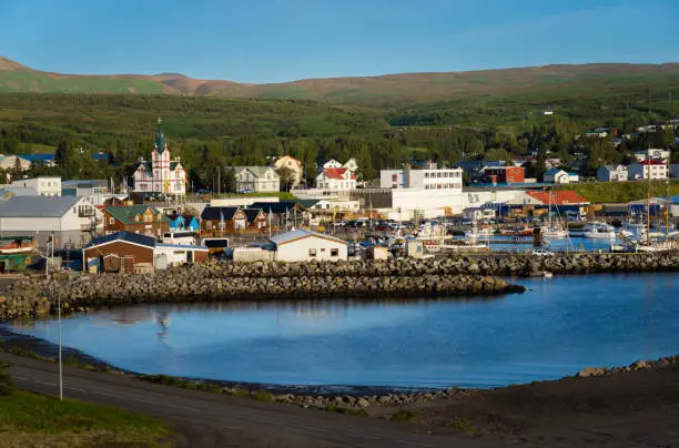 View of Húsavík town and bay in Iceland