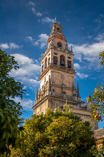Bell tower of the mosque of Córdoba, Andalusia, Spain, from the patio of Los Naranjos
