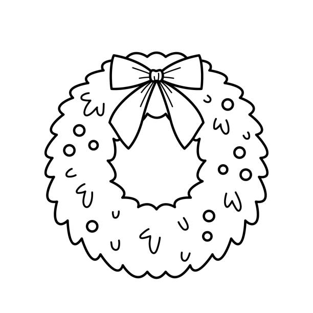 ilustrações, clipart, desenhos animados e ícones de grinalda da porta de natal. ícone de esboço desenhado à mão da decoração natalina de natal. ilustração vetorial isolada no estilo de linha doodle. - craft ribbon flower black