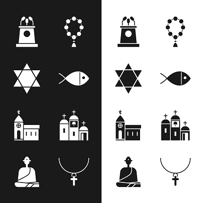 Set Christian fish Star of David Stage stand or tribune Rosary beads religion Church building cross chain and Buddhist monk icon. Vector.