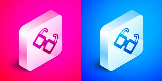 Vector illustration of Isometric Eyeglasses icon isolated on pink and blue background. Silver square button. Vector