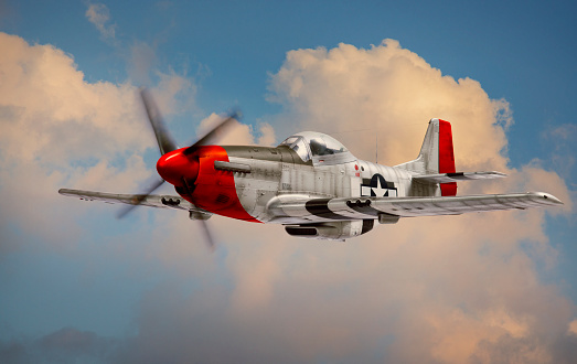 P-51 Mustang World War II era fighter flies among clouds and blue sky. (Detailed model, not a real airplane)