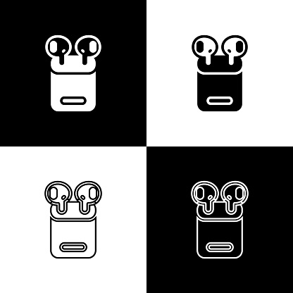 Set Air headphones in box icon isolated on black and white background. Holder wireless in case earphones garniture electronic gadget. Vector.